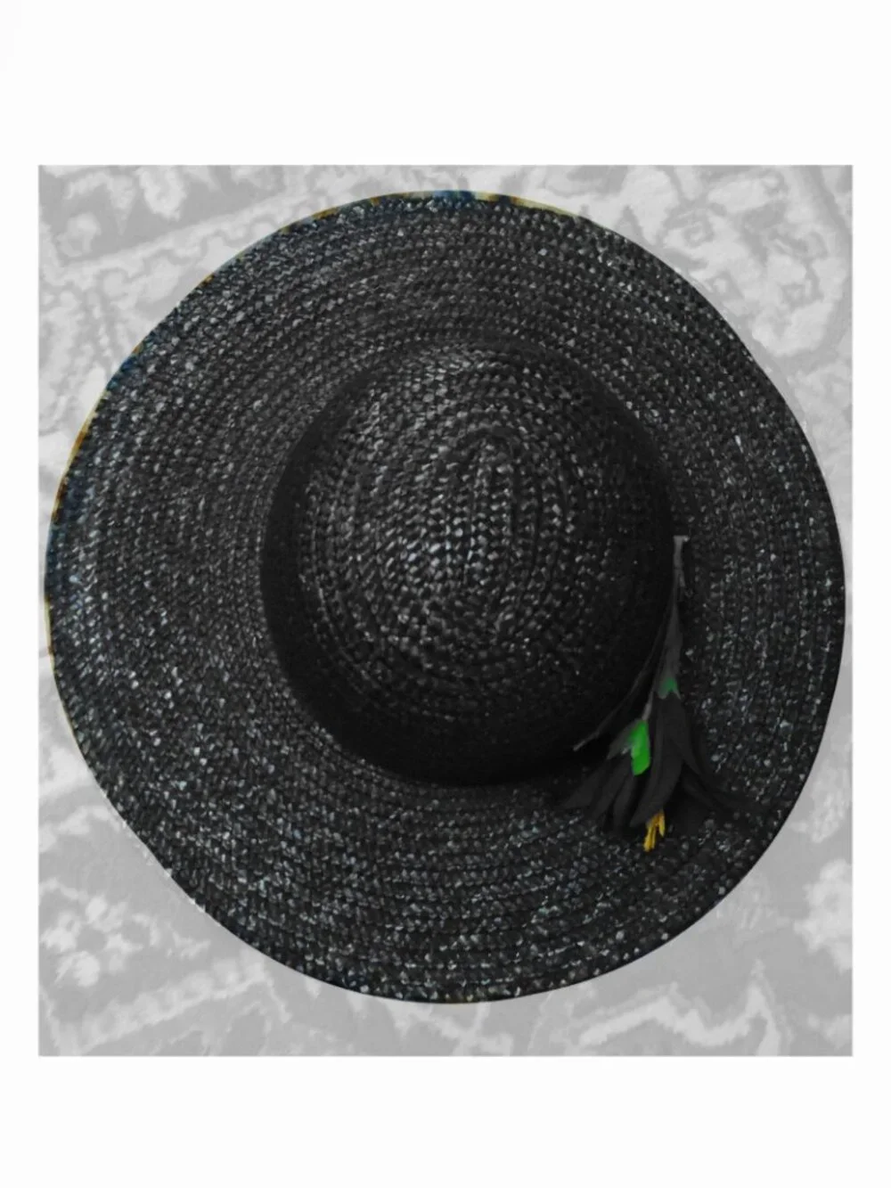 Black Straw Hat Wide Brim Fancy Dressy Vintage Spring Summer Headwear - Picture 2 of 9